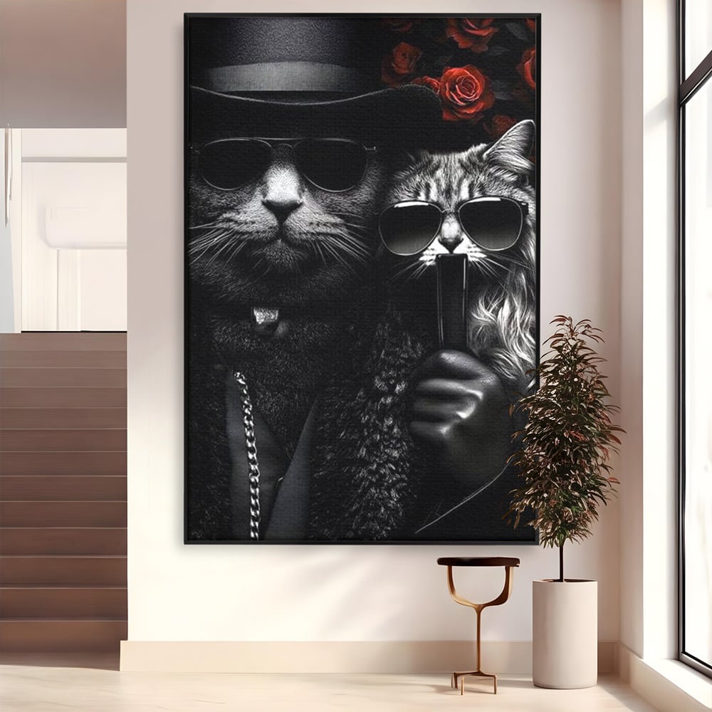 Tablou canvas cu tablou canvas cu pisici gangster in ochelari, in rama de aluminiu negru